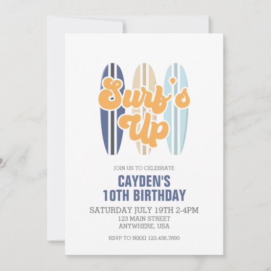 Surf's Up Surfbrett Strand Geburtstag Einladung (Vorderseite)