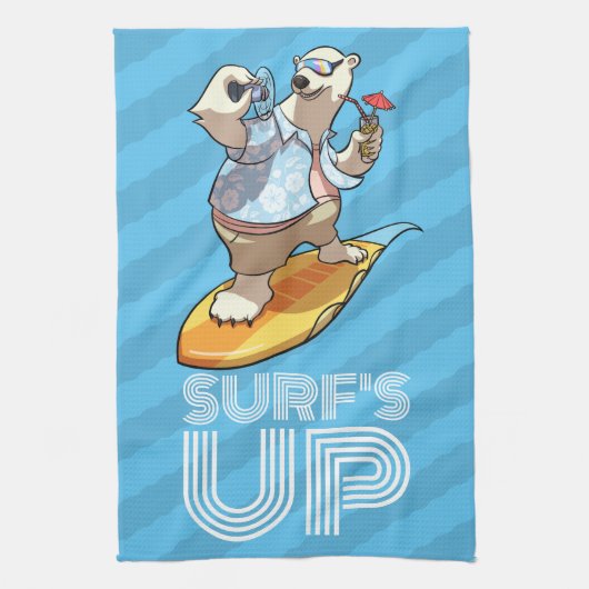 Surf's Up Surfpolar Bär mit Cocktail Cartoon Geschirrtuch (Vertikal)