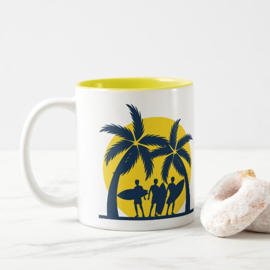 Surfsonne und Palmen cool Surfen Zweifarbige Tasse (Mit Donut)