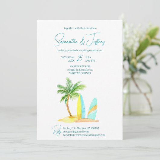 Surfstrand Sommer Tropische Hochzeit Einladung (Stehend Vorderseite)