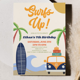 Surft hoch! Blue Beach Surf Moderne Geburtstagspar Einladung