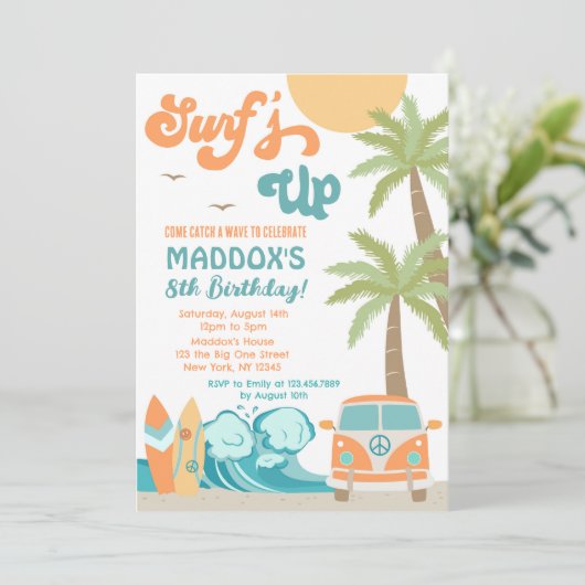 Surft surf Surf Beach Surf's Up Birthday Einladung (Stehend Vorderseite)
