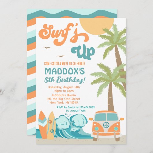Surft surf Surf Beach Surf's Up Birthday Einladung (Vorne/Hinten)