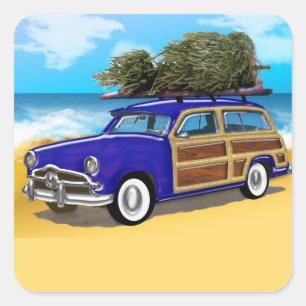 Surfwoodie mit Weihnachtsbaum Quadratischer Aufkleber