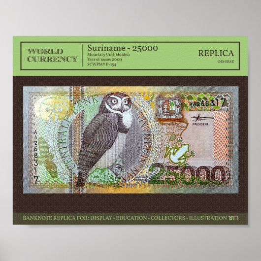 Surinam 25.000 Gulden Banknote Replik 10x8 Foto Poster (Vorne)