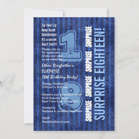 SURPRISE 18. Modern Birthday Blue Stripes W555 Einladung (Vorderseite)