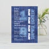SURPRISE 18. Modern Birthday Blue Stripes W555 Einladung (Stehend Vorderseite)