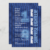 SURPRISE 18. Modern Birthday Blue Stripes W555 Einladung (Vorne/Hinten)