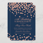 Surprise 18th Birthday Rose Gold Navy Glitter Einladung<br><div class="desc">Elegant Surprise 18th Birthday Party invitation design with Rose Gold Navy Blue Glitter Confetti motif,  custom name and date and additional text. Easy to use and easy to personalize.</div>