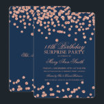 Surprise 18th Birthday Rose Gold Navy Glitter Einladung<br><div class="desc">Elegant Surprise 18th Birthday Party invitation design with Rose Gold Navy Blue Glitter Confetti motif,  custom name and date and additional text. Easy to use and easy to personalize.</div>