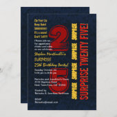 SURPRISE 25. Modern Birthday Red Gold Blue W542 Einladung (Vorne/Hinten)