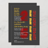 SURPRISE 25. Modern Birthday Red Gold Gray Einladung (Vorne/Hinten)