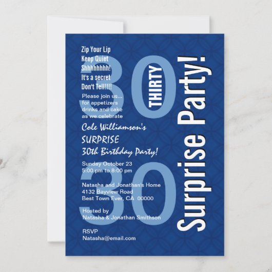 SURPRISE 30. Geburtstag Modernes Royal Blue R600 Einladung (Vorderseite)