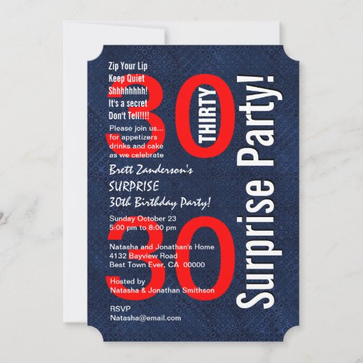 SURPRISE 30. Geburtstag Modernes Royal Blue R601A Einladung (Vorderseite)