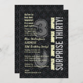 SURPRISE 30. Geburtstag Schwarzer Silberner Elfenb Einladung (Vorne/Hinten)