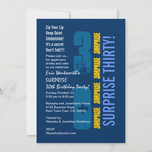 SURPRISE 30. Modern Birthday Blue Gold Template Einladung (Vorderseite)