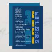 SURPRISE 30. Modern Birthday Blue Gold Template Einladung (Vorne/Hinten)