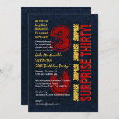 SURPRISE 30. Modern Birthday Red Gold Blue W610 Einladung (Vorne/Hinten)