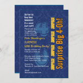 SURPRISE 40. Modern Birthday Blue and Gold R431 Einladung (Vorne/Hinten)