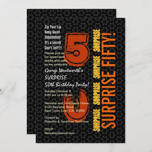 SURPRISE 50. Modern Birthday Black Gold Orange Einladung (Vorne/Hinten)
