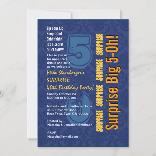 SURPRISE 50. Modern Birthday Blue and Gold R432 Einladung (Vorderseite)