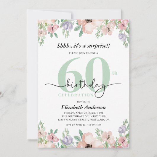 Surprise 60th Birthday Party Elegant Pastel Floral Einladung (Vorderseite)