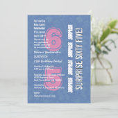 SURPRISE 65th Modern Birthday Blue and Pink V04 Einladung (Stehend Vorderseite)