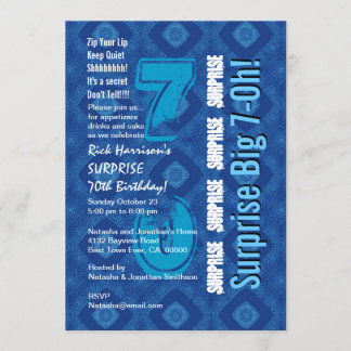 SURPRISE 70. Moderne Birthday Blue und White V34 Einladung
