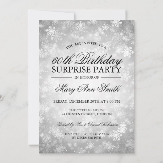 Surprise Birthday Party Silver Winter Wonderland Einladung (Vorderseite)