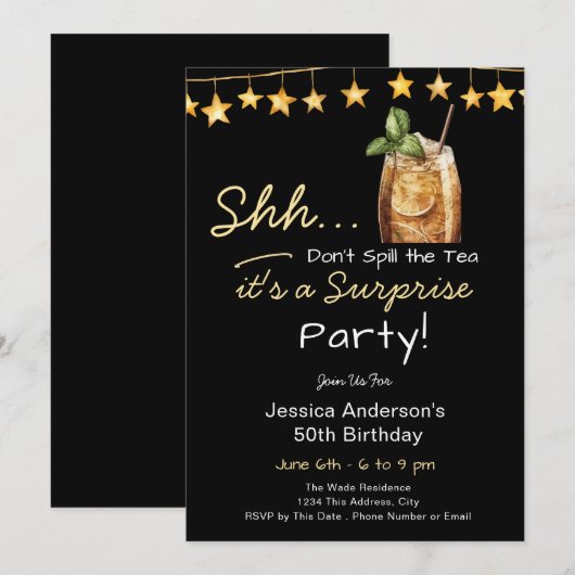 Surprise Birthday Party Spill the Tea Einladung (Vorne/Hinten)