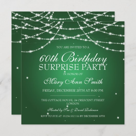 Surprise Birthday Party String of Stars Green Einladung (Vorne/Hinten)