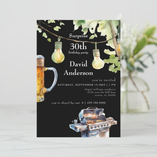 Surprise Black 30th BBQ Birthday Invitation Einladung (Stehend Vorderseite)