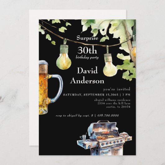 Surprise Black 30th BBQ Birthday Invitation Einladung (Vorne/Hinten)