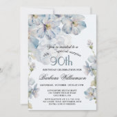 SURPRISE Elegant Blue Floral 90th Birthday  Einladung (Vorderseite)