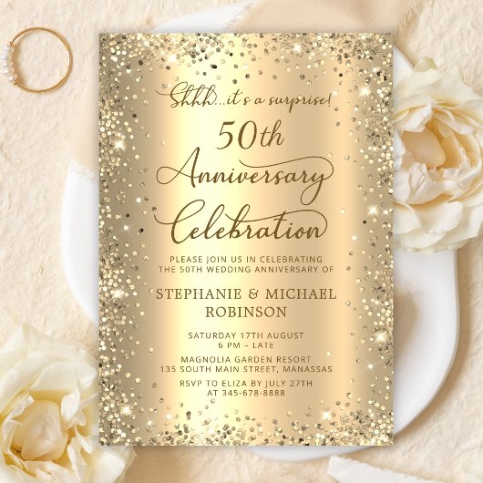 Surprise Gold Glitter 50th Wedding Anniversary Einladung