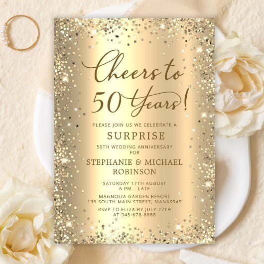 Surprise Gold Glitter 50th Wedding Anniversary Einladung