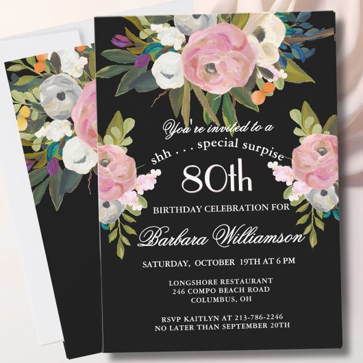 **SURPRISE Handpainted Floral 80th Birthday Party Einladung
