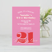 SURPRISE! Modern Pink Red Minimalist 21st Birthday Einladung (Stehend Vorderseite)