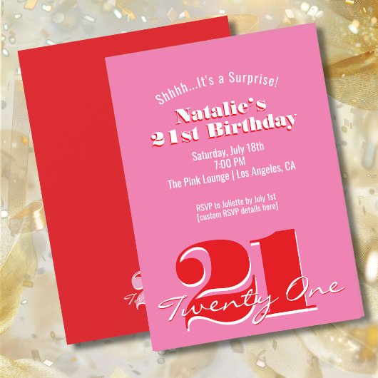 SURPRISE! Modern Pink Red Minimalist 21st Birthday Einladung