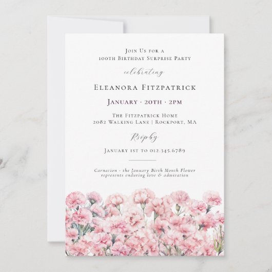 SURPRISE PARTY 100th Birthday Pink Floral Einladung (Vorderseite)