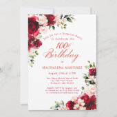 SURPRISE PARTY 100th Birthday Red Pink Floral Einladung (Vorderseite)
