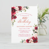 SURPRISE PARTY 100th Birthday Red Pink Floral Einladung (Stehend Vorderseite)