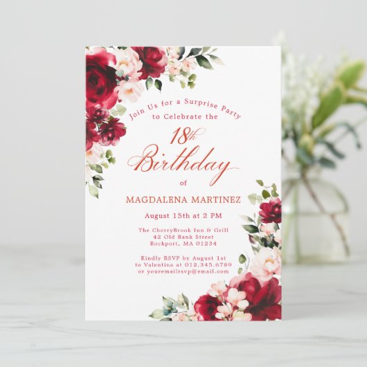 SURPRISE PARTY 18th Birthday Red Pink Floral Einladung (Stehend Vorderseite)