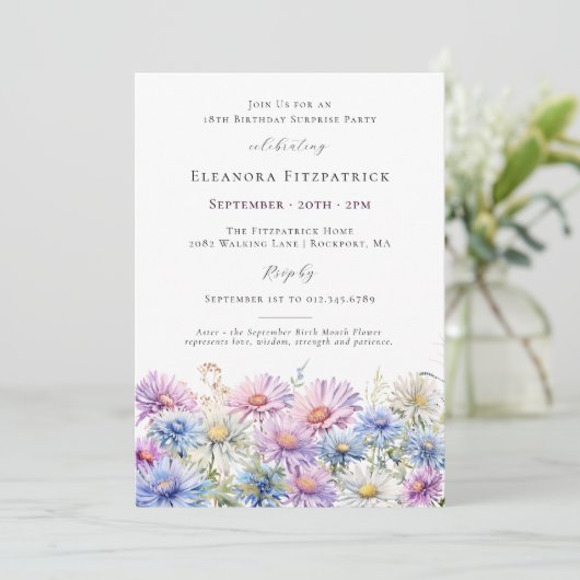 SURPRISE PARTY 18th September Birth Month Flower Einladung (Stehend Vorderseite)