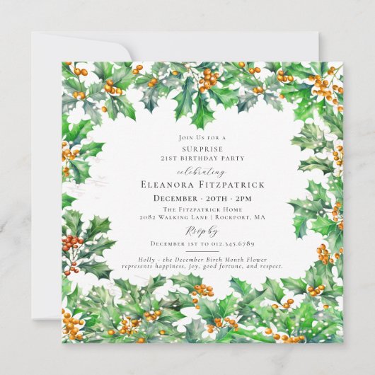 SURPRISE PARTY 21st Birthday December Birth Flower Einladung (Vorderseite)