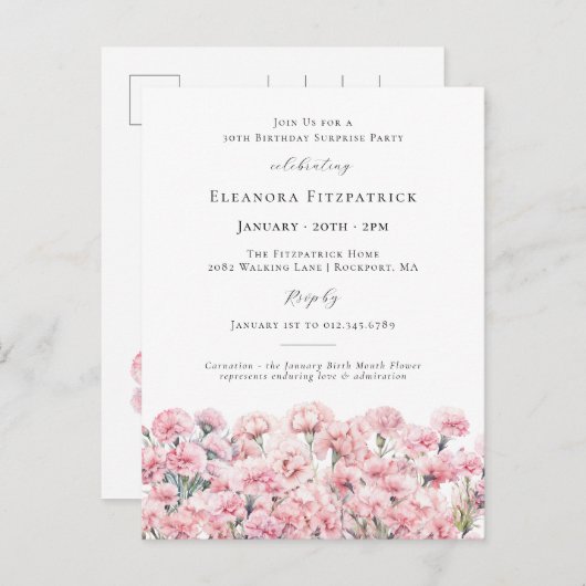 SURPRISE PARTY 30th Birthday January Birth Flower Einladungspostkarte (Vorne/Hinten)
