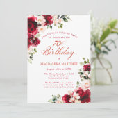 SURPRISE PARTY 70th Birthday Red Pink Floral Einladung (Stehend Vorderseite)
