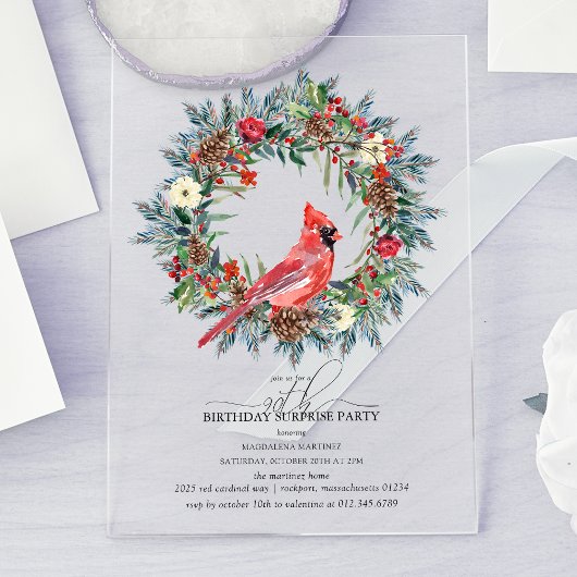 SURPRISE PARTY 90th Birthday Cardinal Wreath Acryleinladungen