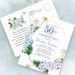 Surprise Party Hydrangea Rose 50. Geburtstag Postkarte<br><div class="desc">Blaue Hydrangea-Blume und Blüten der Rose schmücken einen goldgelben ovalen Rahmen. Eine offene und luftige moderne botanische.</div>
