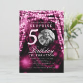 SURPRISE Photo 50th Birthday Hot Pink Glam Lights Einladung (Stehend Vorderseite)